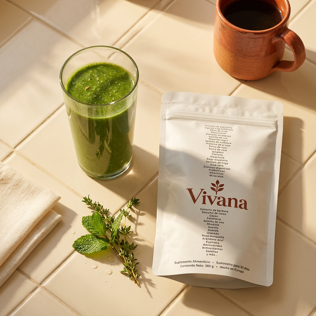 Overhead flat-lay of Vivana glass pouch mug and herbs in morning sunlight
