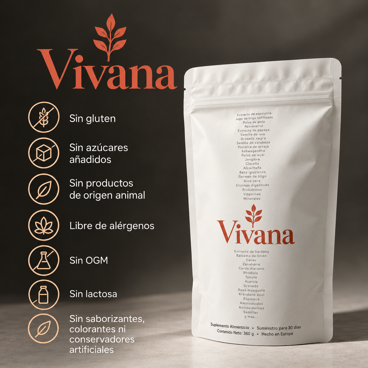 Vivana pouch front label with Sin badges